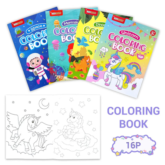 KEYBABY children's coloring book series 16 pages of four major themes: space, sea life, dinosaurs, unicorns creative experience