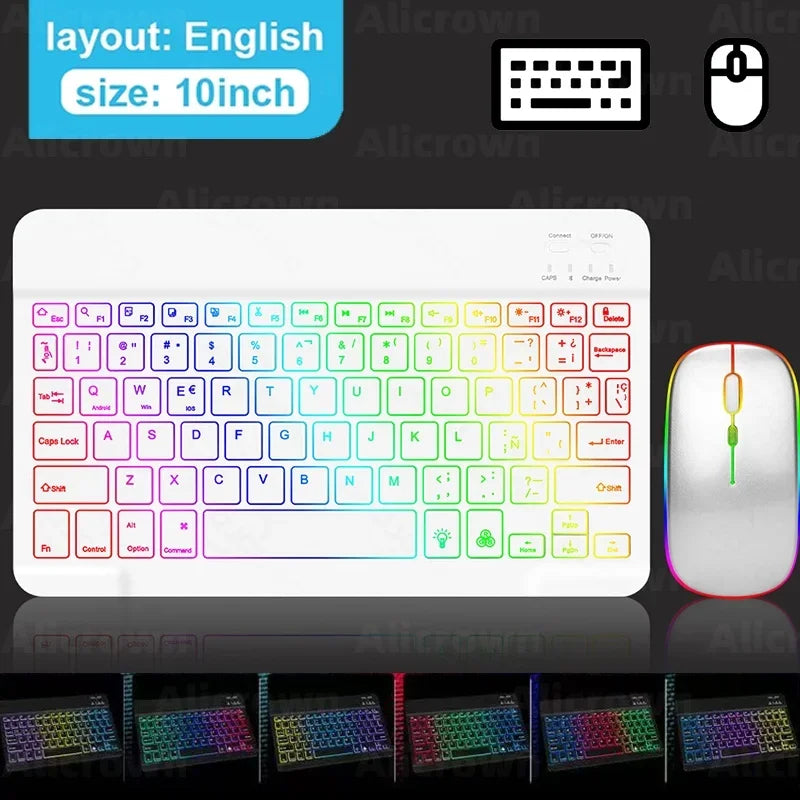 Mini Backlit RGB 10inch Bluetooth Keyboard 2.4G Wireless Mouse Rechargeable For Tablet Cell Phone Windows Android iPad Keyboard