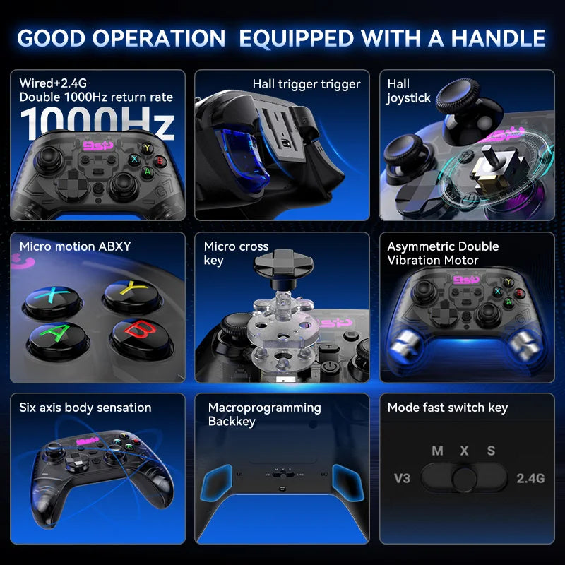 G7 Gaming Controller Gamepad Wired/2.4G Wireless 1000Hz Hall Effect Buttons Asymmetric Vibration Multi-Platform Support