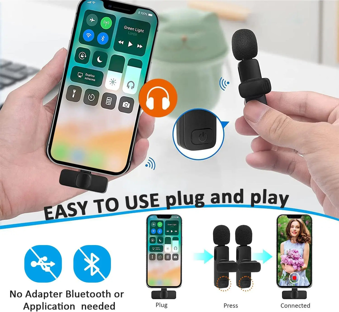 Wireless Lavalier Microphone for iPhone Recording Mic for Video Podcast Vlog YouTube Mini Microphone for iPhone 16/14/13/12/SE ﻿