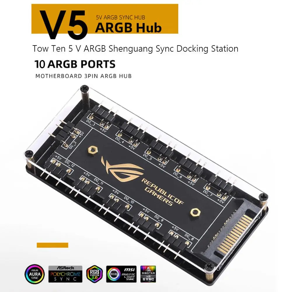 Coolcirc ARGB Connector 1 To 10 Port Splitter Hub 5V 3 Pin ARGB AURA Cable Splitter Hub LED Strip Light PC RGB Fan Cooler