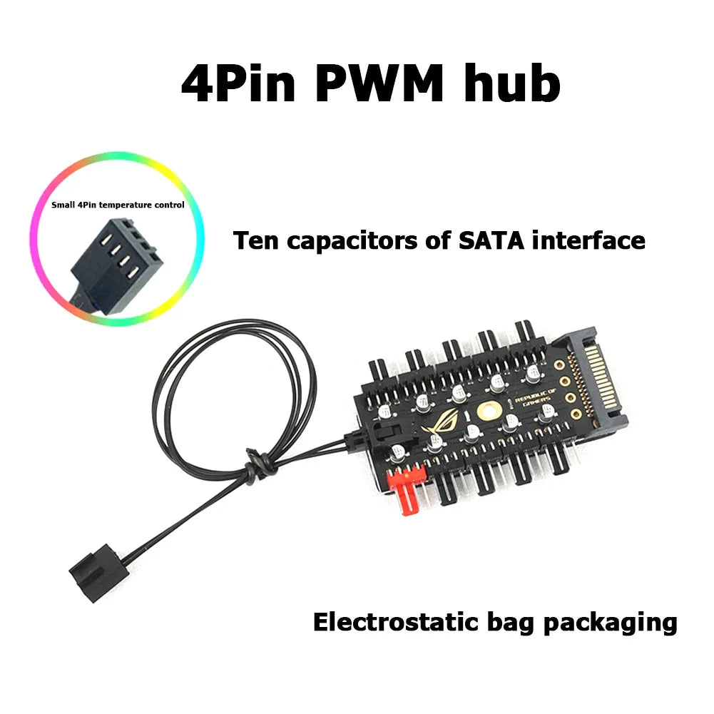 PWM Cooler Fan HUB Splitter Extension  RGB Fan Hub ARGB Cable Splitter Hub Adapter Computer Desktop Accessories 10-in-1
