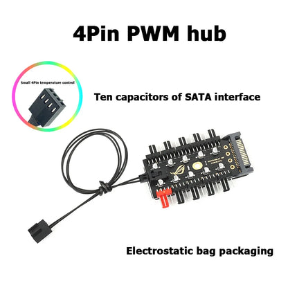 PWM Cooler Fan HUB Splitter Extension  RGB Fan Hub ARGB Cable Splitter Hub Adapter Computer Desktop Accessories 10-in-1