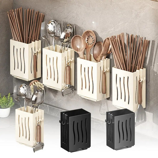 Multifunctional Kitchen Utensil Plastic Rack Wall-Mounted Draining Fork Chopstick Holder Plastic Spoon Box Freestanding