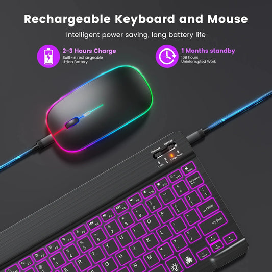 Mini Backlit RGB 10inch Bluetooth Keyboard 2.4G Wireless Mouse Rechargeable For Tablet Cell Phone Windows Android iPad Keyboard